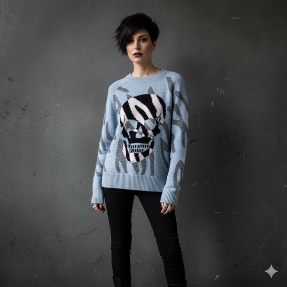 Skull Cashmere Jaden Sweater Women Skull Animal Print Blue Cashmere Wool Goth S - Picture 7 of 17